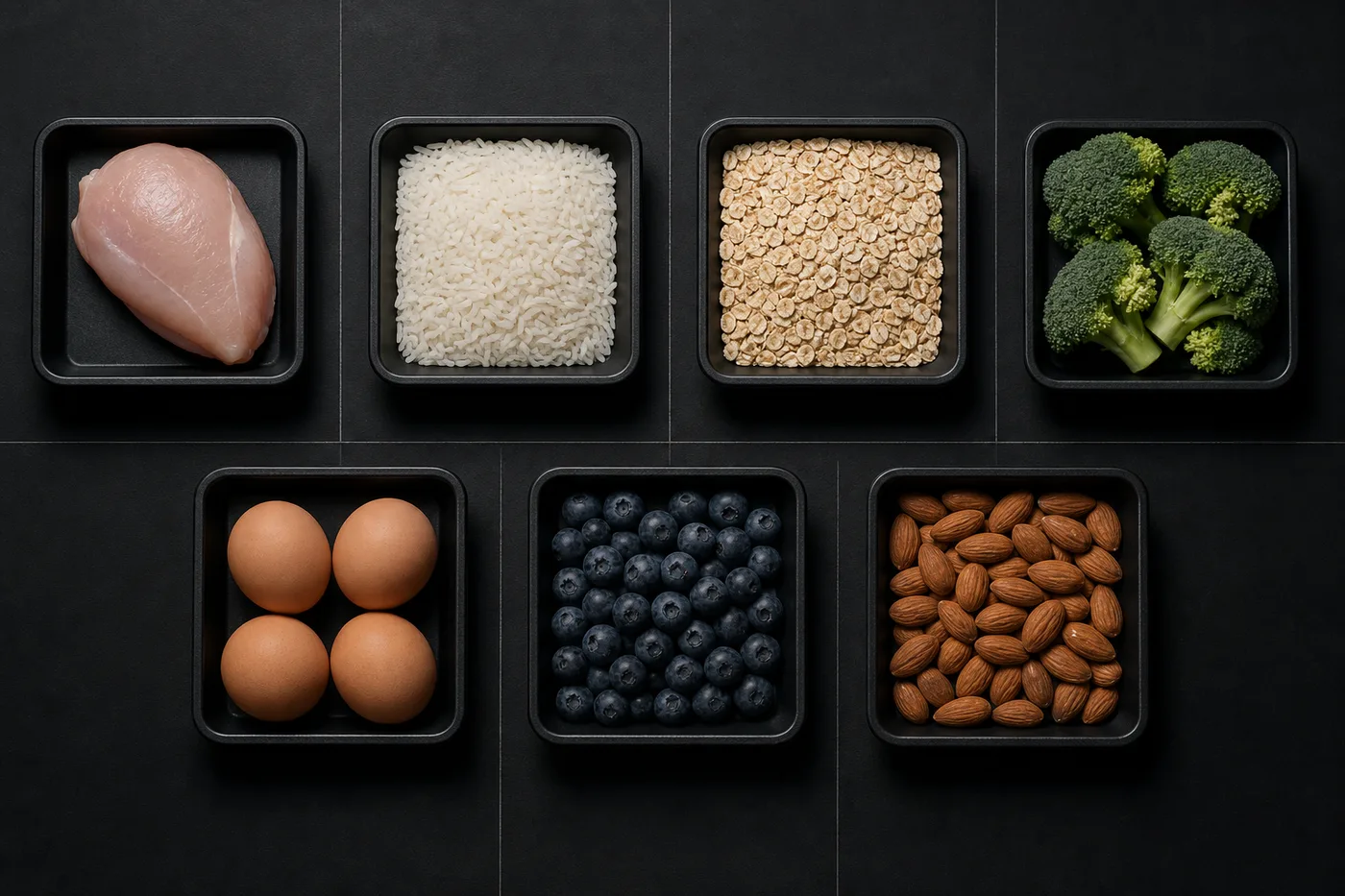 Seven trays of portioned ingredients on a matte black surface